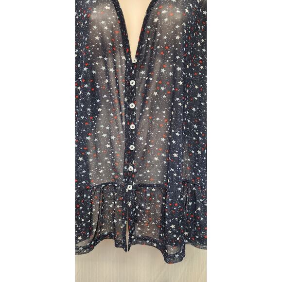 Lane Bryant 3/4 Bell Sleeve V-Neck Sheer Star Pattern Blouse Multi-Blue Sz 26-28 - Picture 5 of 8